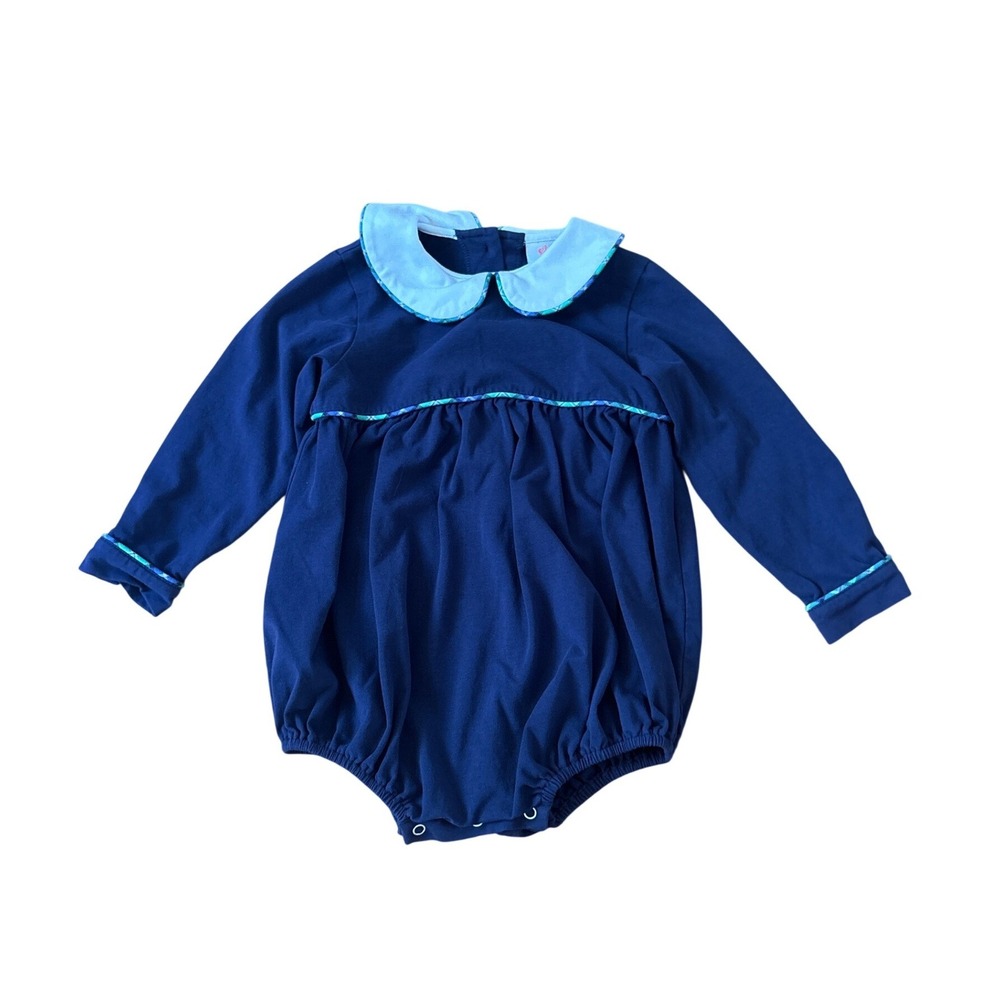 Shrimp and Grits Kids Bubble Romper Toddler Navy Plaid Peter Pan Collar SIZE 2T